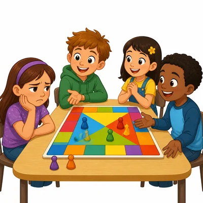 A child looks upset while waiting for a turn in a board game.