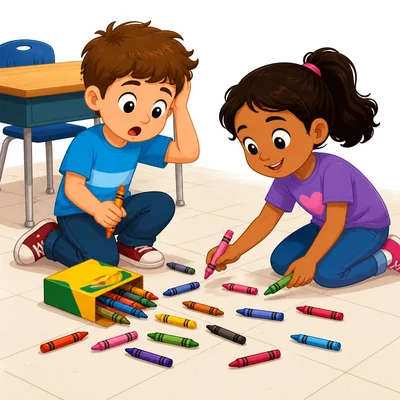 One child helps another pick up spilled crayons.
