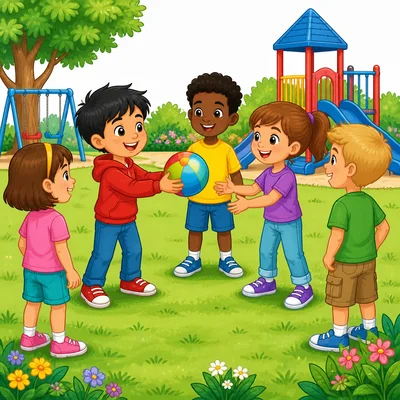 Children share a ball on the playground.