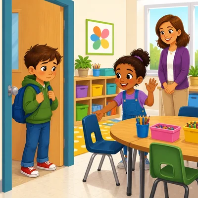 A classmate welcomes a new student to class.