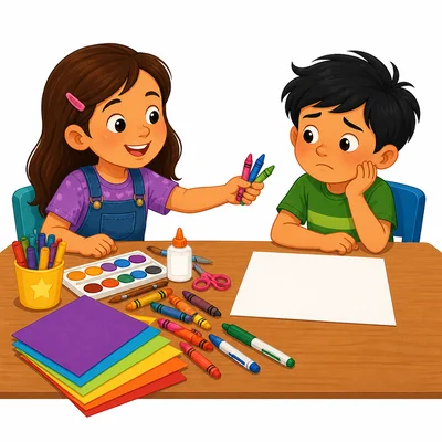 A child with art supplies can share with a child who has none.