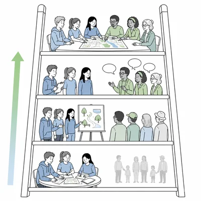 A four-level ladder showing increasing community participation from students planning alone to students and residents planning together.