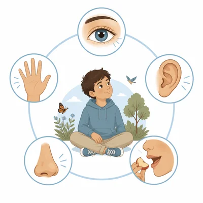 A calm student surrounded by icons for sight, touch, hearing, smell, and taste.