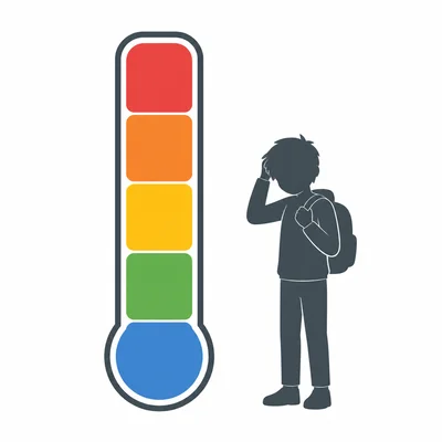 A five-level stress thermometer from blue to red beside a worried student.