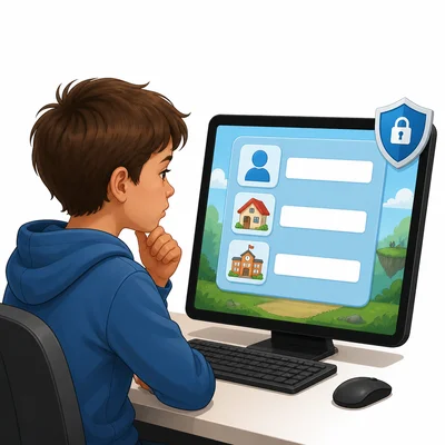 A student looks cautiously at a computer screen asking for personal information, with an online safety shield icon.