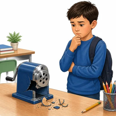 A concerned student stands next to a broken classroom pencil sharpener.