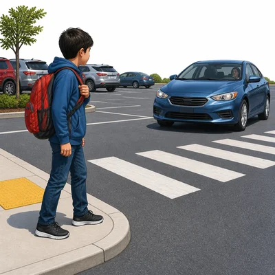A student at the edge of a school parking lot with a car nearby, showing the need to look before crossing.