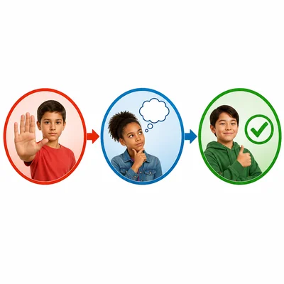 Three icons show stopping, thinking, and choosing as steps in making a decision.