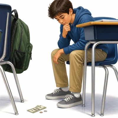 A student notices money on the classroom floor near a desk.