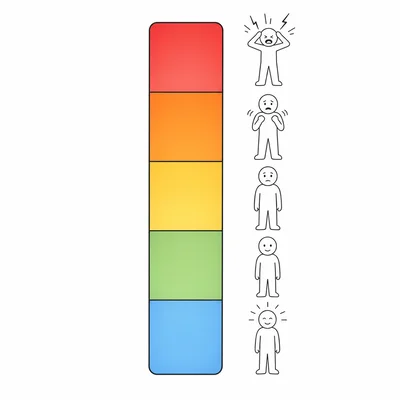 A five-level stress meter rising from calm colors to overwhelmed colors with a person beside it.