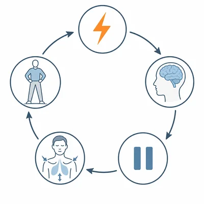A circular self-regulation cycle with icons for trigger, noticing, pause, calming, and response.