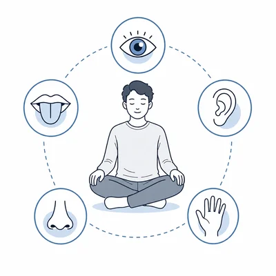 A calm person surrounded by icons representing sight, sound, touch, smell, and taste.