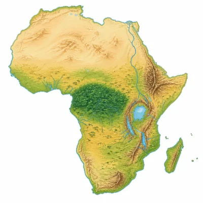 Simplified physical map of Africa showing desert, river, rainforest, savanna, highlands, and lakes.
