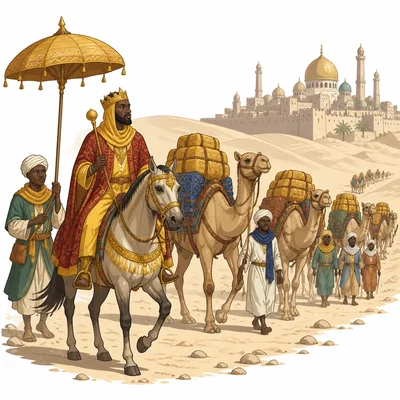 A wealthy royal caravan crossing the desert toward a distant city.