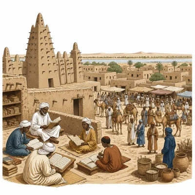 Timbuktu shown as a center of trade and learning with scholars, buildings, and camels.