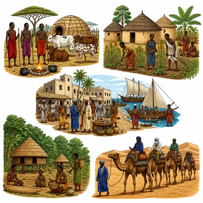 Multiple different precolonial African communities showing varied ways of life.