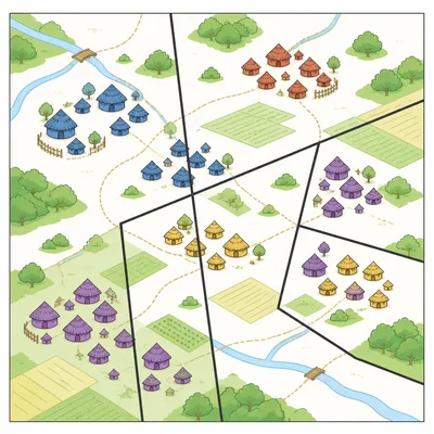 Straight colonial-style borders dividing connected communities on a simplified map.