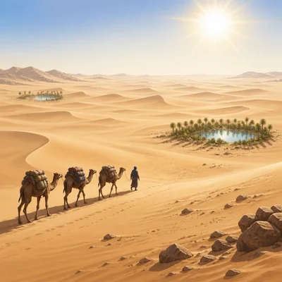 Camel caravan crossing a vast desert with distant oases.