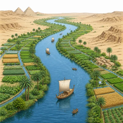 The Nile River flowing through desert with green farmland and boats along its banks.