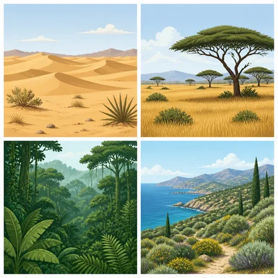 Four African climate landscapes: desert, savanna, rainforest, and Mediterranean coast.