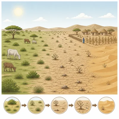 Grassland gradually turning into dry cracked soil and sand near a village.