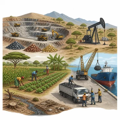 Natural resources such as mining, oil, and farmland connected to trade and environmental challenges.