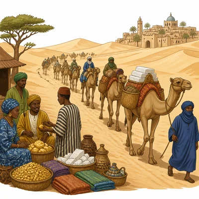 Camel caravans carrying trade goods across the Sahara between distant towns.
