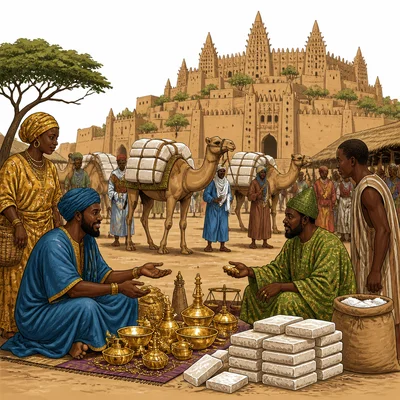 West African market with traders, camels, goods, and a growing kingdom town.