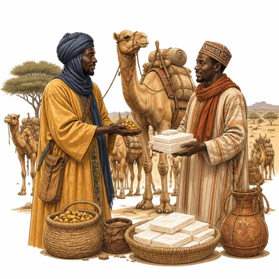 West African traders exchange gold nuggets and salt slabs near a camel caravan.
