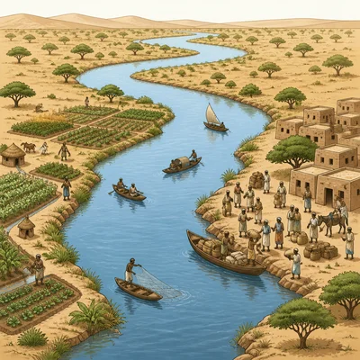 A river supports farms, boats, trade, and a town in a savanna landscape.