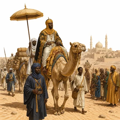 A West African ruler travels with a large camel caravan toward distant mosque architecture.
