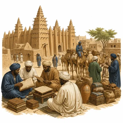 A historic Timbuktu scene with a mud-brick mosque, scholars, manuscripts, traders, and camels.