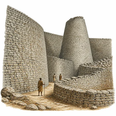 Great Zimbabwe stone walls and conical tower with people nearby for scale.