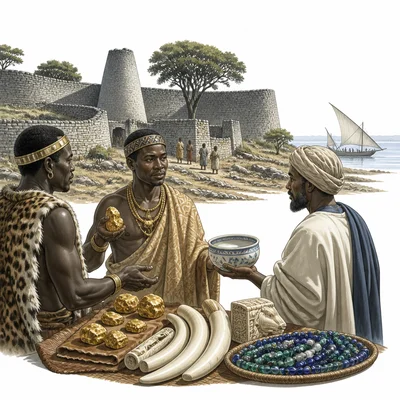 Traders near Great Zimbabwe exchange gold, ivory, beads, and ceramics with a distant sailing dhow.