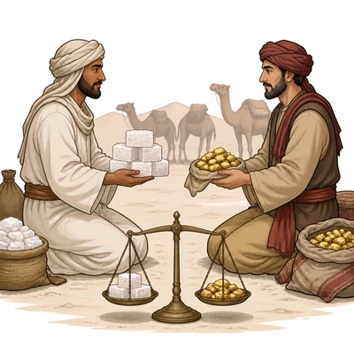Salt blocks and gold nuggets are exchanged by traders with a balance scale between them.