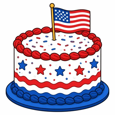 A red, white, and blue birthday cake with a small flag.
