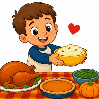 A child kindly offering food at a meal.