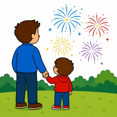 A child stays with an adult while watching fireworks.