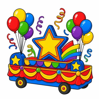 A colorful parade float with balloons.