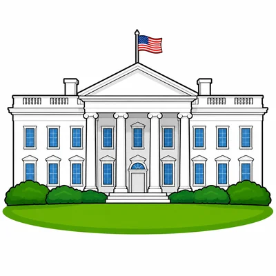 The White House with columns and a lawn.