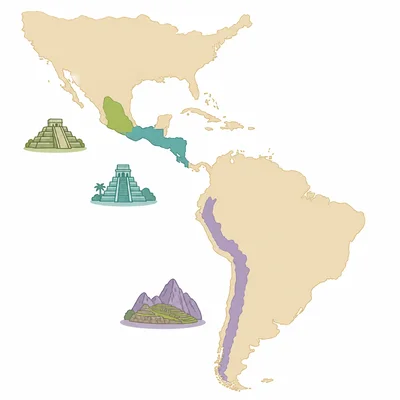 Map of the Americas with three highlighted regions for ancient civilizations.