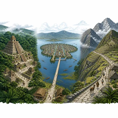 Rainforest city, lake city, and mountain terraces showing environmental adaptations.