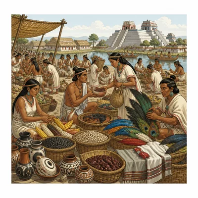 An ancient city market with vendors, shoppers, and goods for trade.