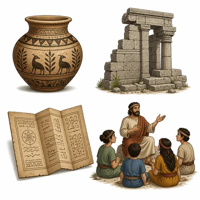 Artifacts, architecture, a document, and oral storytelling as evidence about ancient civilizations.