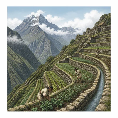 Terraced farms built into steep Andes mountain slopes.