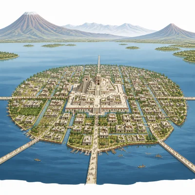 Island city with canals, causeways, and a central temple representing Tenochtitlan.