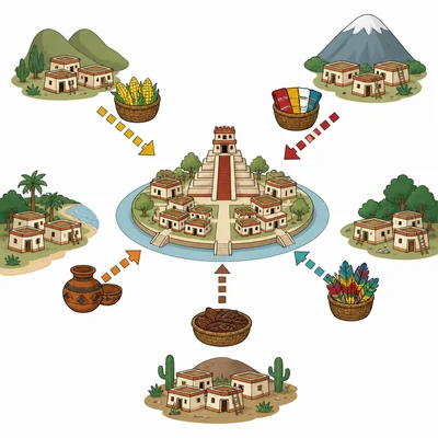 Goods from smaller towns moving toward a central Aztec city as tribute.