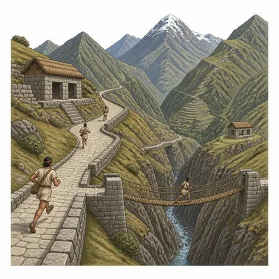 Inca roads crossing mountains with a rope bridge and runners.