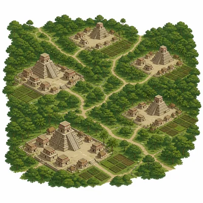 Several separate Maya cities in a rainforest, each with its own temple center.
