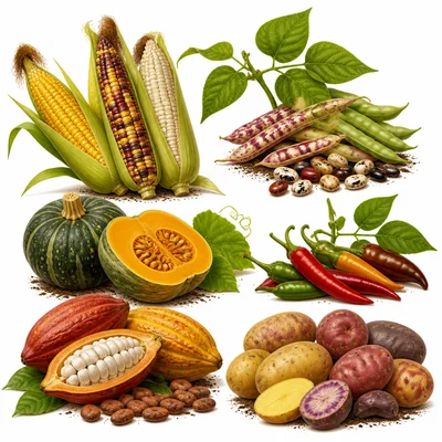 Important crops of the ancient Americas including maize, beans, squash, cacao, peppers, and potatoes.
